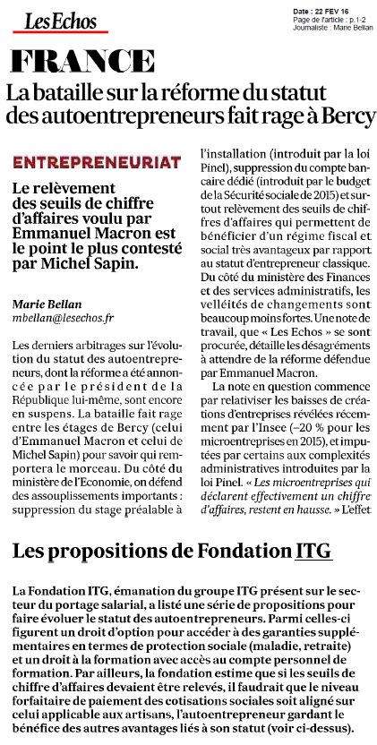 La bataille sur la réforme du statut des autoentrepreneurs fait rage à Bercy - la Fondation ITG citée dans Les Echos du 22 février 2016